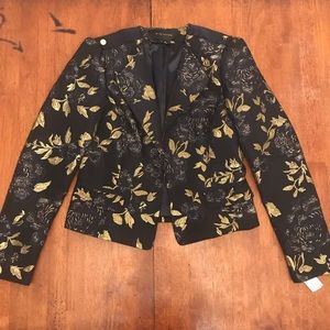ELIE TAHARI Navy Blue Gold Metallic Floral Blazer